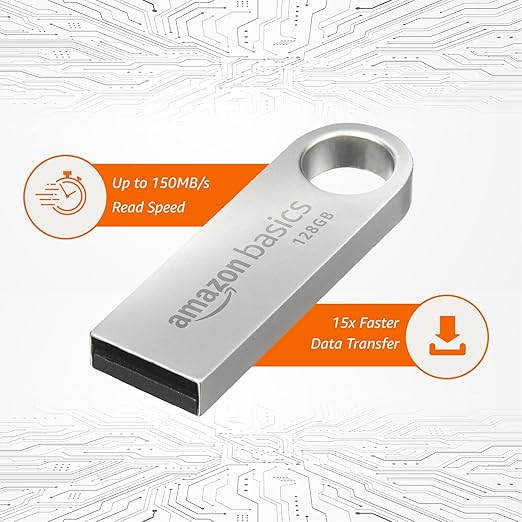 Amazon Basics 128 GB Flash Drive | USB 3.0 | Upto 150 MB/s | Metallic Silver