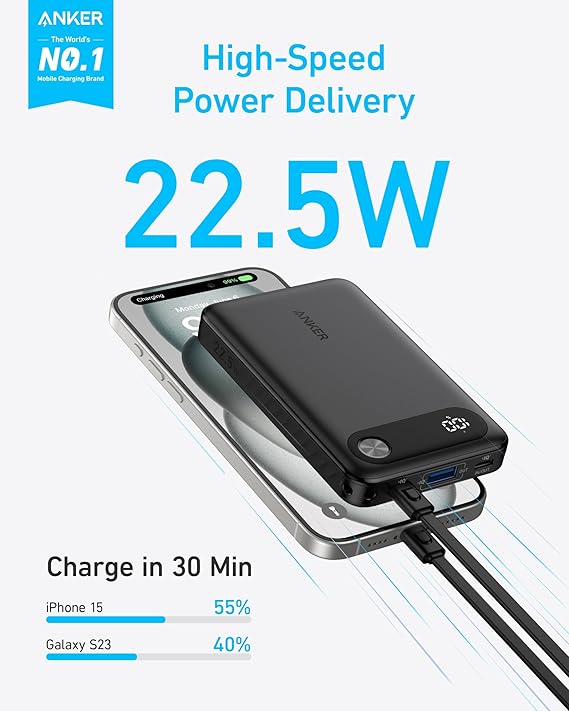 Anker Power Bank 10000mAh 22.5W Portable Charger with Built-in USB-C Cable