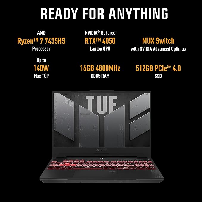 ASUS TUF Gaming A15, AMD Ryzen 7 7435HS, 15.6-inch FHD 144Hz, Gaming Laptop