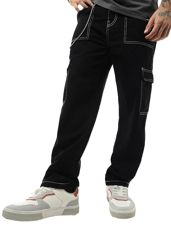 Bewakoof Men's Baggy Regular Fit Cargo Jeans