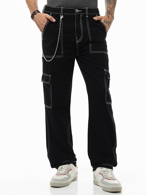 Bewakoof Men's Baggy Regular Fit Cargo Jeans