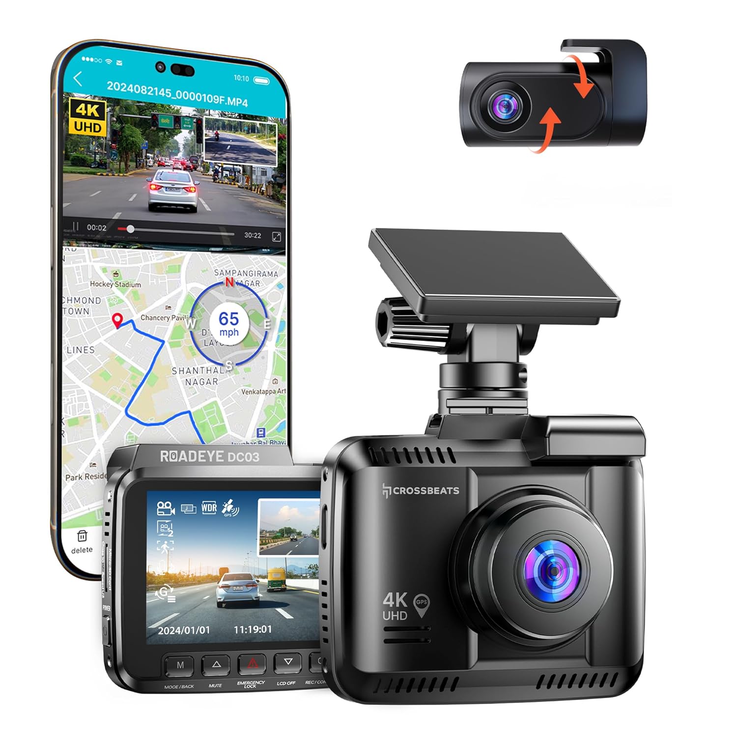 Crossbeats RoadEye DC03 4K Dash Camera for Car Front and Rear