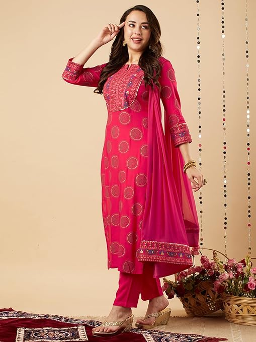 GoSriKi Women's Cotton Blend Printed Straight Kurta with Pant & Dupatta