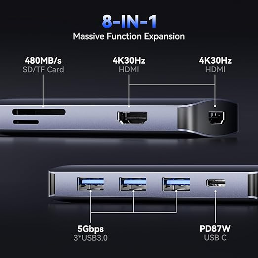 HEYMIX Dual HDMI USB C Hub, 8in1 Type C Hub Dual HDMI