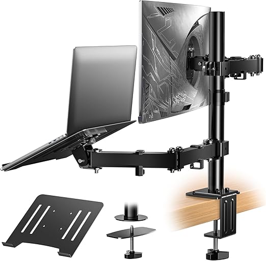 Heymix Dual Monitor Stand with Laptop Tray - Dual Monitor Arm Desk Mounts