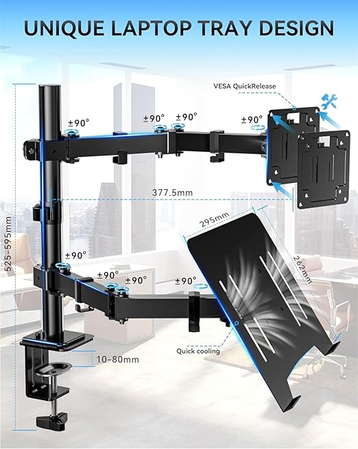 Heymix Dual Monitor Stand with Laptop Tray - Dual Monitor Arm Desk Mounts