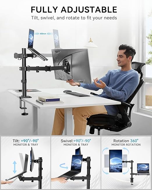 Heymix Dual Monitor Stand with Laptop Tray - Dual Monitor Arm Desk Mounts