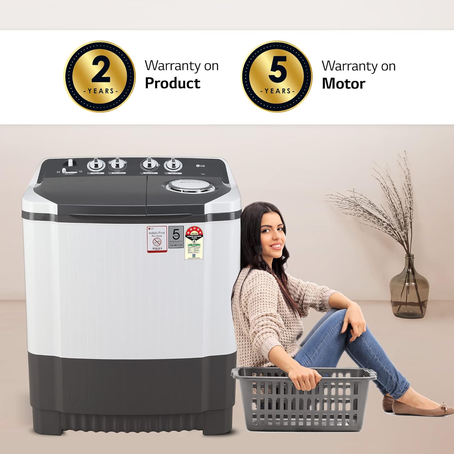 LG 7 Kg 5 Star Wind Jet Dry Semi-Automatic Top Loading Washing Machine (P7020NGAZ, Dark Gray, Rat Away Feature)