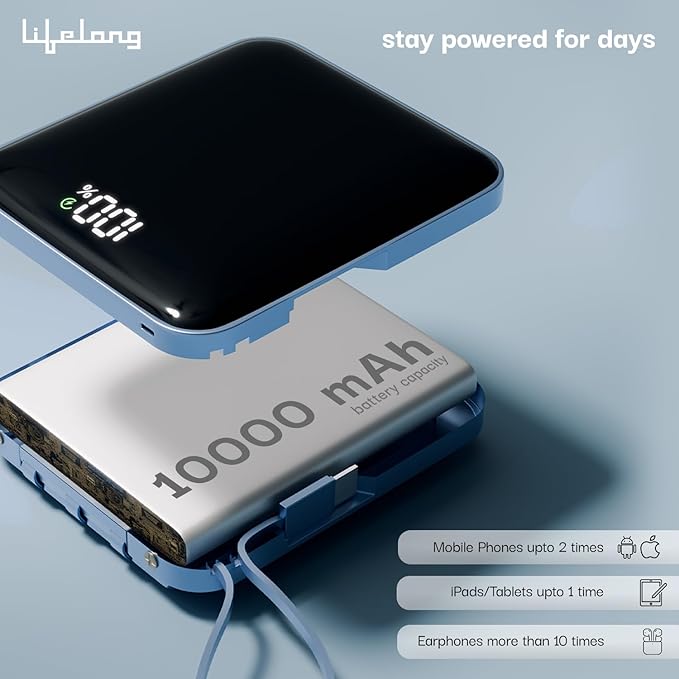 Lifelong Pulse 10000 mAh Fast 22.5 W Cable Included Compact Size Power Bank