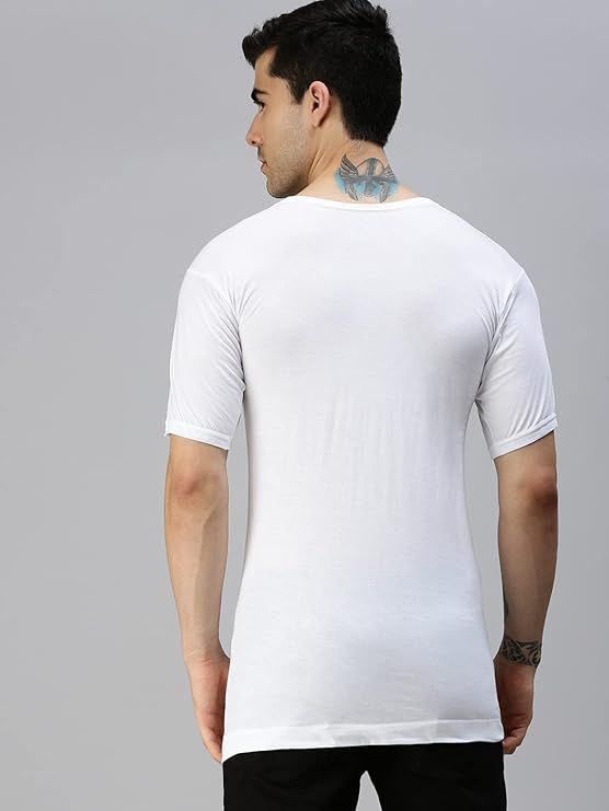 Lux Cozi Men's White Round Neck Half Sleeves 100% Cotton Vest