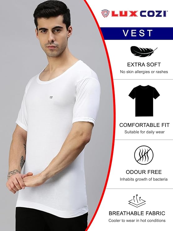 Lux Cozi Men's White Round Neck Half Sleeves 100% Cotton Vest