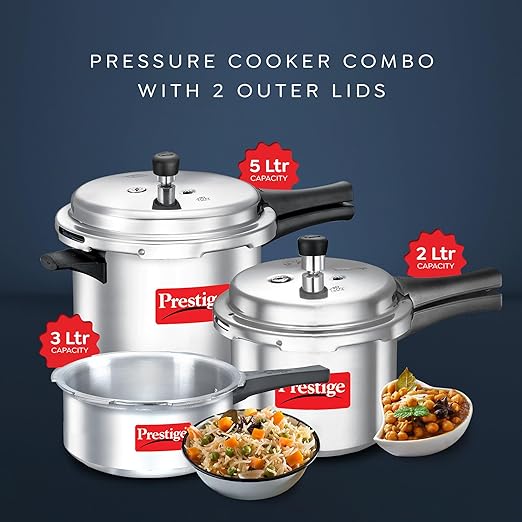 Prestige 2L+3L+5 Litres Popular Max Outer Lid Aluminium Combo Pressure Cooker