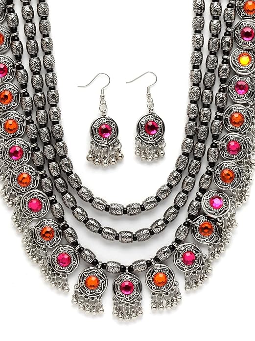 Shining Diva Fashion Latest Stylish Fancy Oxidised Silver Tribal Necklace Jewellery Set