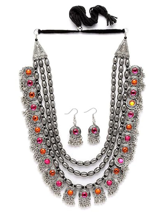 Shining Diva Fashion Latest Stylish Fancy Oxidised Silver Tribal Necklace Jewellery Set