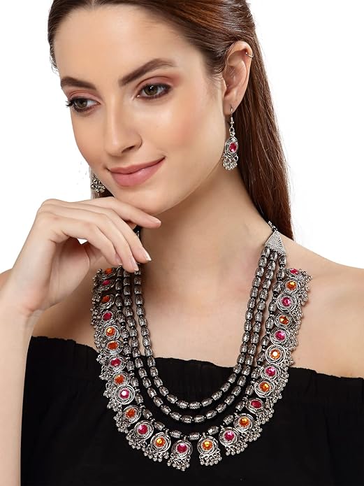 Shining Diva Fashion Latest Stylish Fancy Oxidised Silver Tribal Necklace Jewellery Set