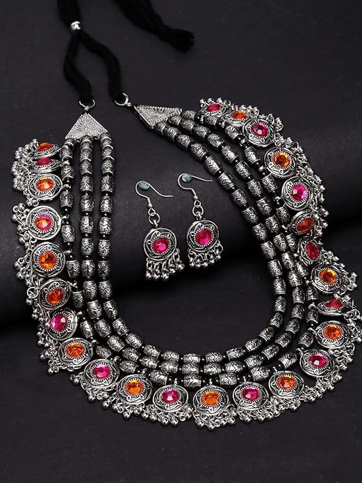 Shining Diva Fashion Latest Stylish Fancy Oxidised Silver Tribal Necklace Jewellery Set