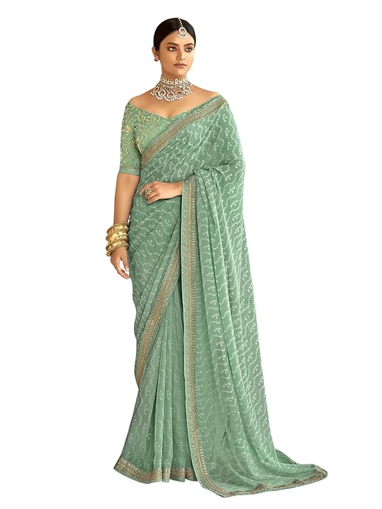 SIRIL Women's Bandhani Printed & Embroidery Work In Lace Georgette Saree