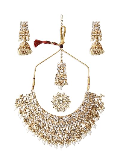 ZAVERI PEARLS Gold Tone Kundan Choker Necklace Earring Maangtikka & Ring Set