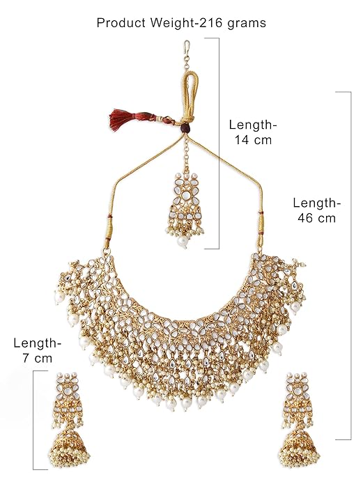 ZAVERI PEARLS Gold Tone Kundan Choker Necklace Earring Maangtikka & Ring Set