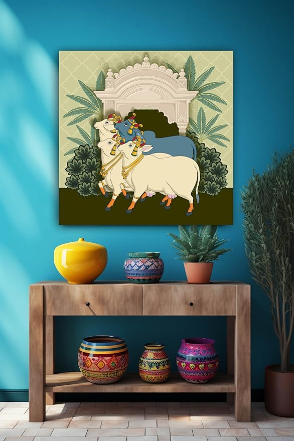 WALLP Decorative Wall Art, Canvas Print, White Cow with Traditional Look