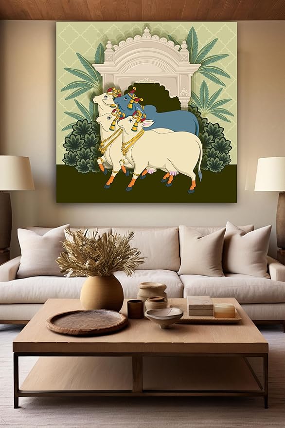 WALLP Decorative Wall Art, Canvas Print, White Cow with Traditional Look