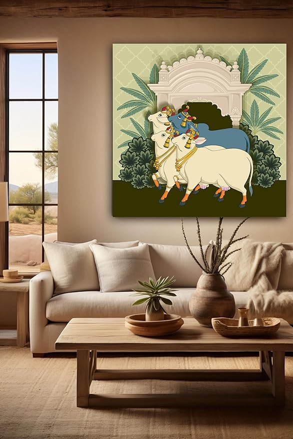 WALLP Decorative Wall Art, Canvas Print, White Cow with Traditional Look