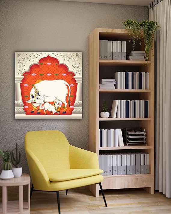 WALLP Decorative Wall Art, Canvas Print, White Holy Cow with Calf