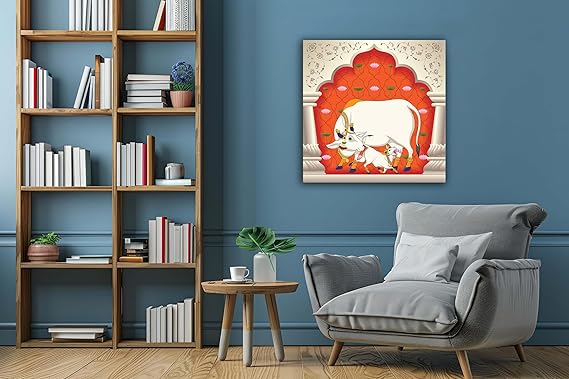 WALLP Decorative Wall Art, Canvas Print, White Holy Cow with Calf