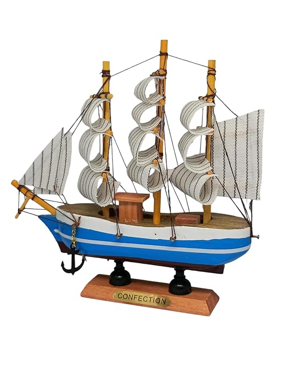 Wooden Sailing Ship Showpiece, Blue and White, with Rigging and Sails