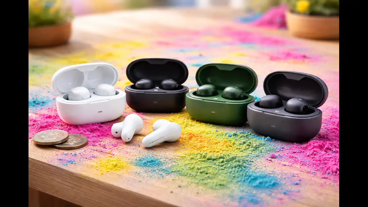 Colorful budget wireless earbuds displayed on a desk with Holi colors background