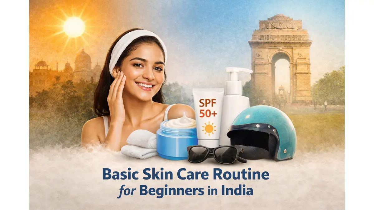 Basic Skin Care Routine for Beginners in India – Simple Guide 2026 1 Basic skin care routine for beginners in India showing face wash, moisturizer and sunscreen steps