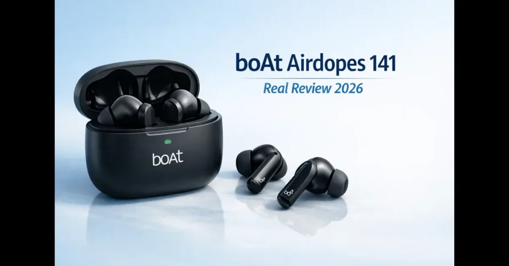 boAt Airdopes 141 Review 2026 – Kya Ye Budget Me Sabse Best TWS Hai? 2 boAt Airdopes 141 wireless earbuds with charging case – review & features