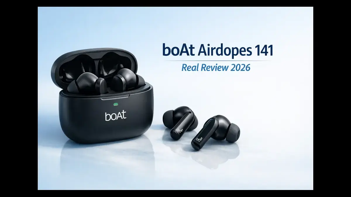 boAt Airdopes 141 Review 2026 – Kya Ye Budget Me Sabse Best TWS Hai? 1 boAt Airdopes 141 wireless earbuds with charging case – real review 2026, battery, sound, and comfort tested